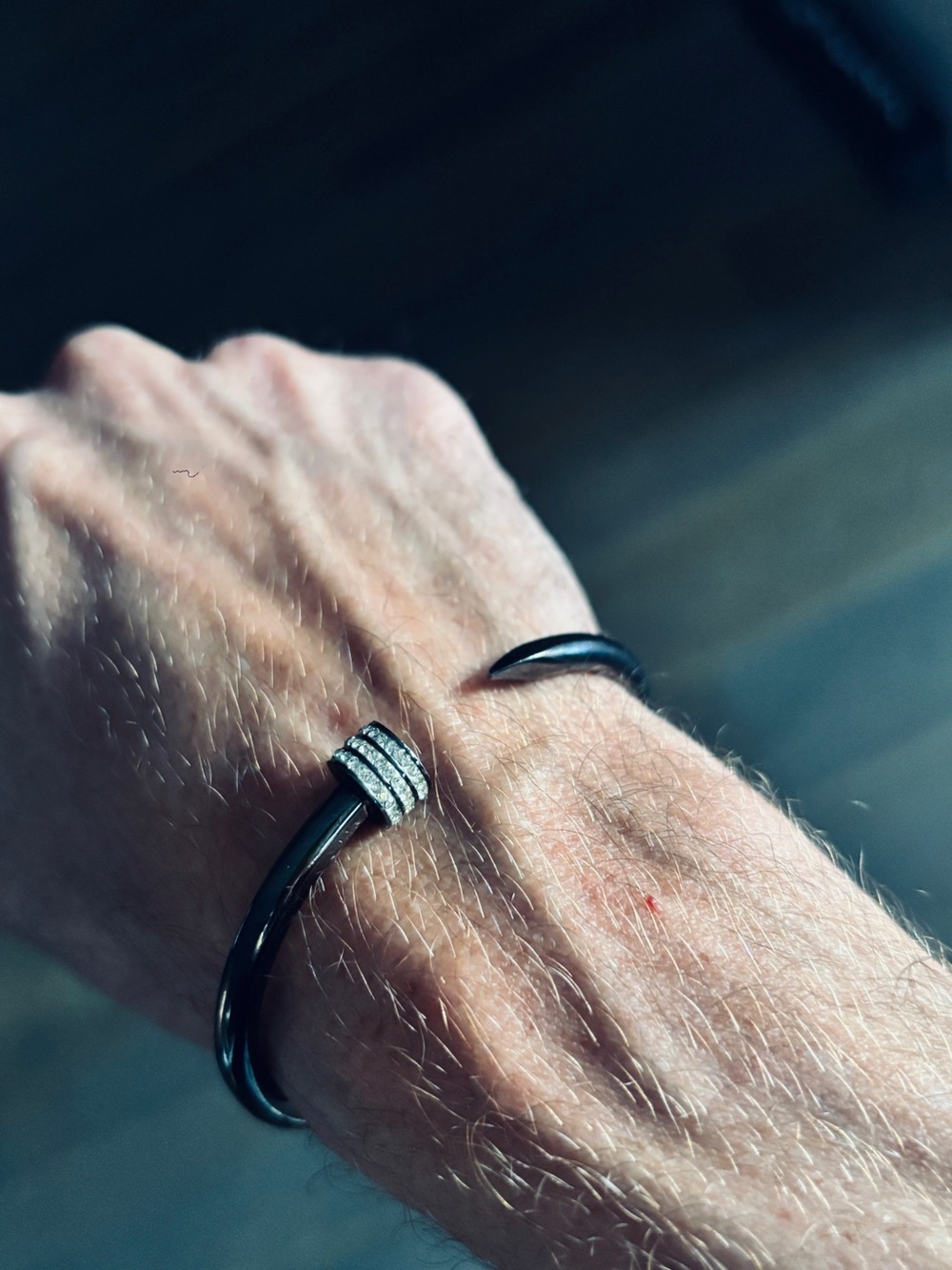 Black Stainless Nail Cuff Bracelet with Crystal Ring Accent - Picture 5 of 6